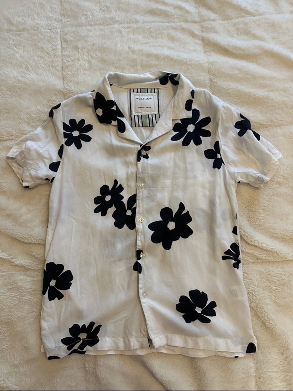 Denim & Flower White Short-Sleeve Button-Up with Black Floral Print